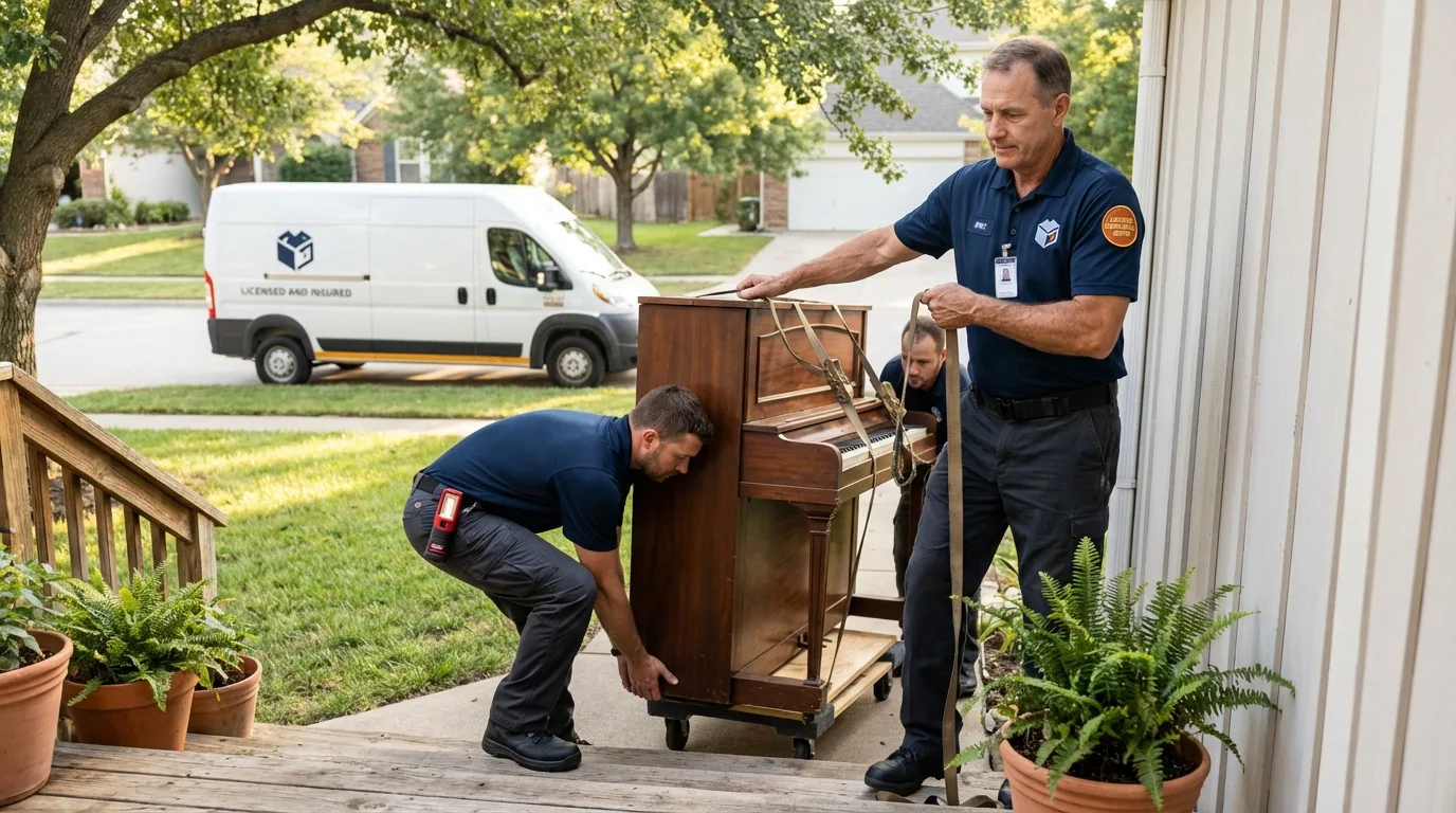 Licensed piano movers securing grand piano in Attleboro, MA
