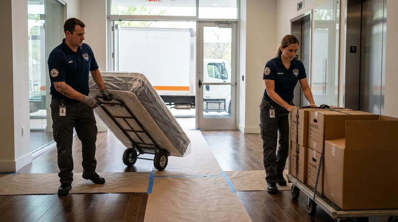 Professional apartment movers loading elevator in Attleboro, MA
